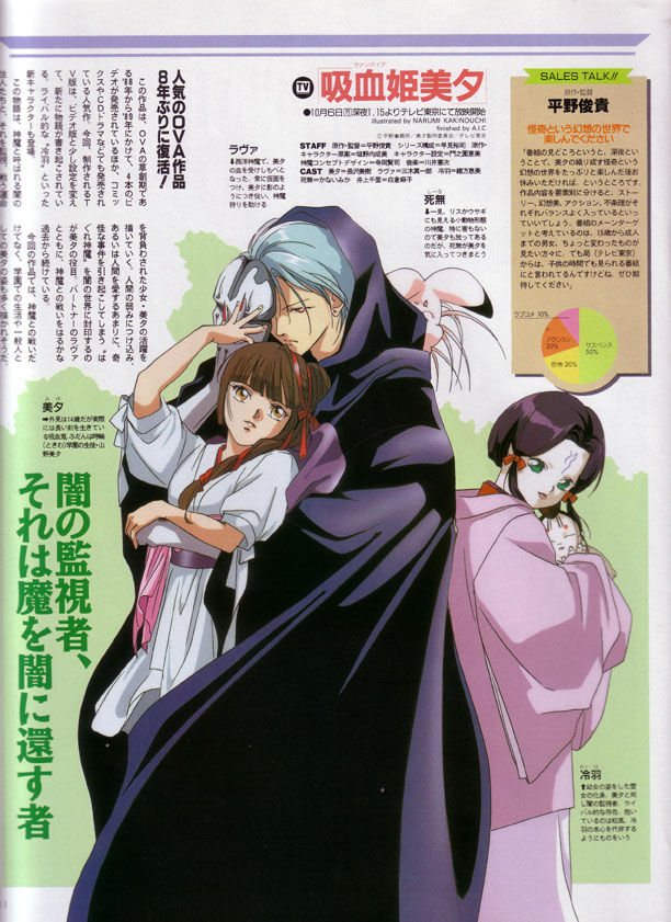 kakinouchi narumi, shiina, larva (vampire princess miyu), miyu (vampire princess miyu), reiha, usagi, vampire princess miyu, 1990s (style), 1boy, 2girls, black hair, blunt bangs, brown hair, doll, green eyes, hair bun, hime cut, japanese clothes, long hair, mask, multiple girls, rabbit, retro artstyle, ribbon, single hair bun, single side bun, yellow eyes