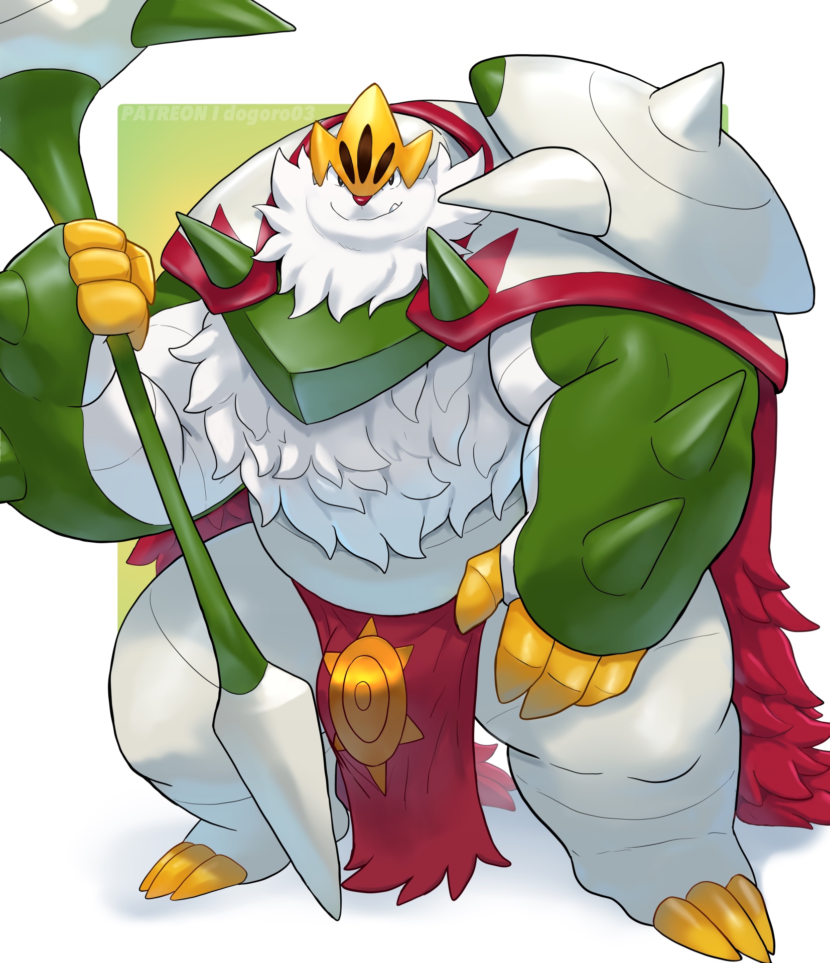 dogoronumber3, chesnaught, mega chesnaught, nintendo, pokemon, commentary, english commentary, highres, 1boy, bara, bulge, claws, closed mouth, fang, fang out, gen 6 pokemon, holding, holding polearm, holding weapon, loincloth, looking at viewer, male focus, muscular, muscular male, pokemon (creature), polearm, smile, weapon