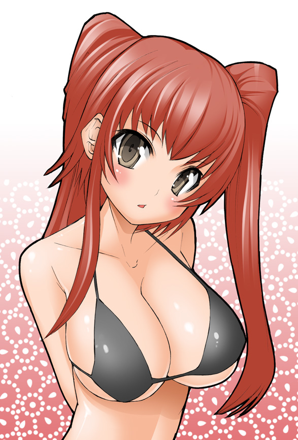 eba, kousaka tamaki, to heart (series), to heart 2, 00s, bikini, blush, breasts, brown eyes, grey bikini, large breasts, red hair, solo, swimsuit, twintails