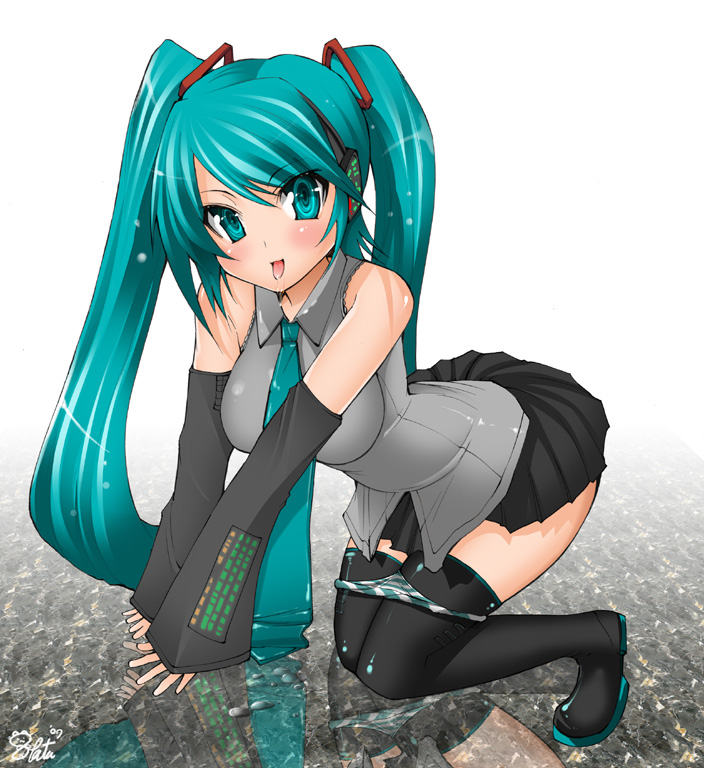eba, hatsune miku, vocaloid, detached sleeves, green eyes, green hair, necktie, panties, panty pull, skirt, solo, striped clothes, striped panties, thighhighs, twintails, underwear
