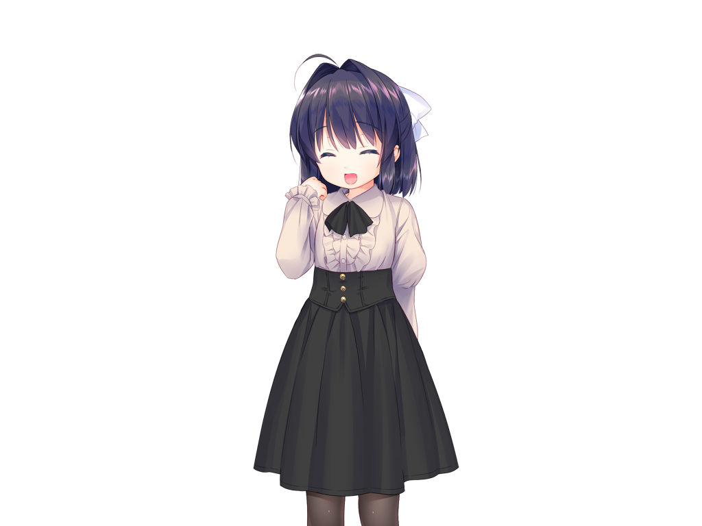 piyodera mucha, kotae (otomari koibito lolita), otomari koibito lolita, game cg, non-web source, 1girl, :d, ahoge, black hair, black pantyhose, black ribbon, black skirt, center frills, closed eyes, collared shirt, cowboy shot, frills, hair ribbon, hand up, high-waist skirt, long sleeves, medium hair, neck ribbon, open mouth, pantyhose, ribbon, shirt, simple background, skirt, smile, solo, tachi-e, transparent background, white ribbon, white shirt