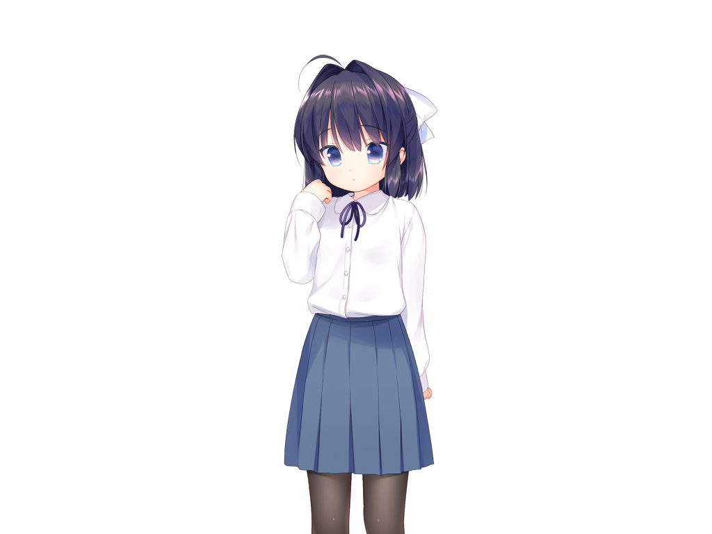 piyodera mucha, kotae (otomari koibito lolita), otomari koibito lolita, game cg, non-web source, 1girl, ahoge, black hair, black pantyhose, blue eyes, blue skirt, buttons, closed mouth, collared shirt, cowboy shot, hair ribbon, hand up, long sleeves, looking at viewer, medium hair, neck ribbon, pantyhose, pleated skirt, purple ribbon, ribbon, shirt, simple background, skirt, solo, tachi-e, transparent background, white ribbon, white shirt