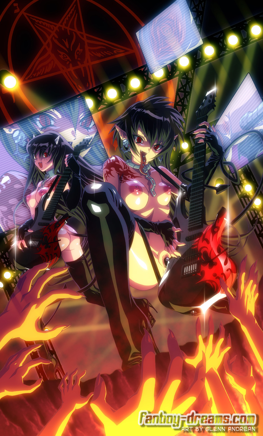 glenn andrean, original, black legwear, nail, highres, 2girls, ass, black hair, breasts, collar, demon, demon girl, earrings, elbow gloves, fangs, fingerless gloves, fingernails, gloves, guitar, horns, instrument, jewelry, long fingernails, long hair, long tongue, masturbation, multiple girls, pentagram, pointy ears, pussy, red eyes, stage, tail, tattoo, thighhighs, tongue, uncensored, vaginal, watermark