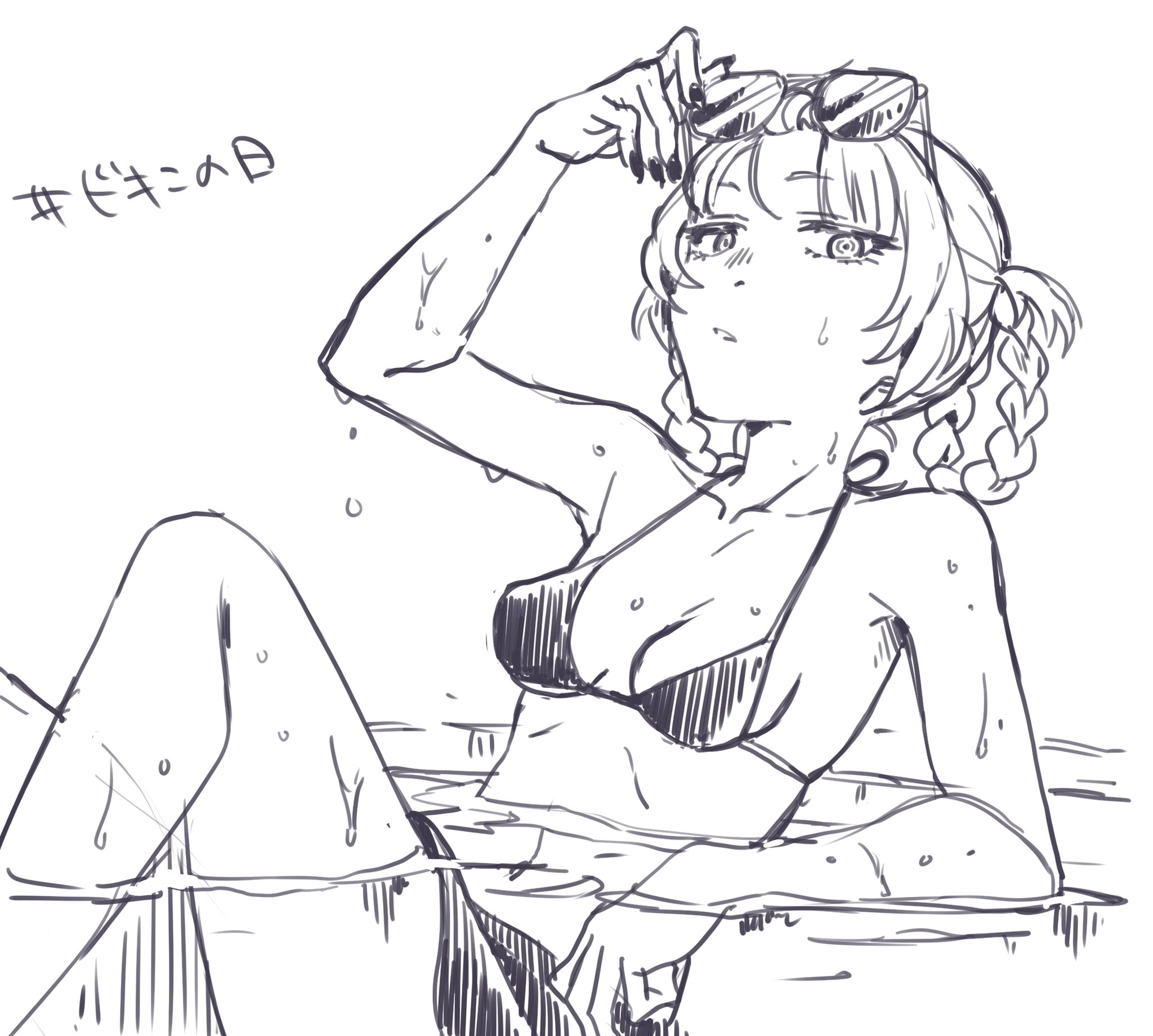 sagawa haruka, nanakusa nazuna (yofukashi no uta), yofukashi no uta, highres, 1girl, bikini, bikini top only, braid, braided hair rings, breasts, greyscale, hair rings, looking at viewer, monochrome, navel, ringed eyes, short hair, smile, solo, sunglasses, swimsuit, water, wet