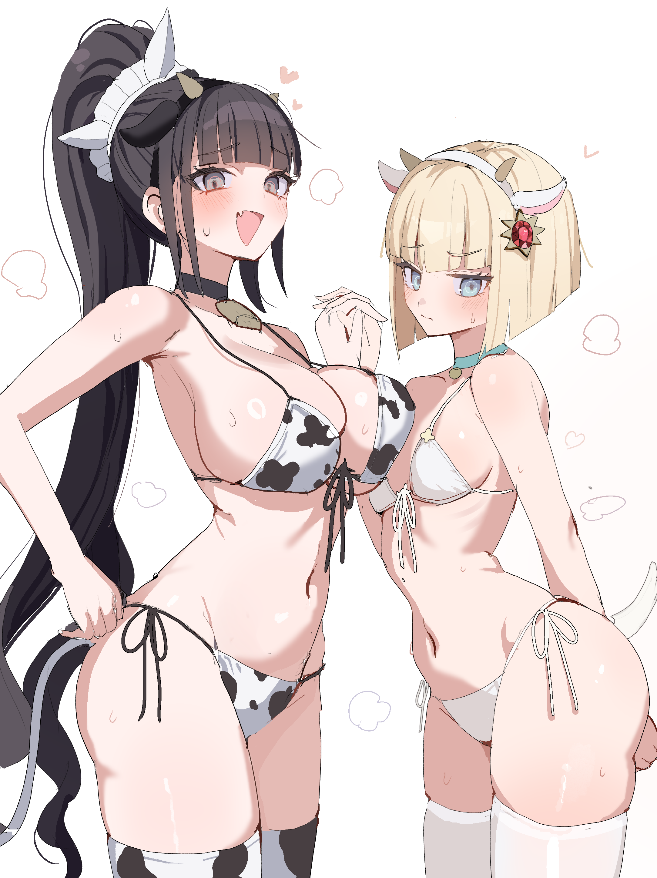 pakimoti, magadori kyoshika, oosuzuki kurara, the hundred line -last defense academy-, absurdres, commentary request, highres, 2girls, alternate costume, animal ears, animal print, bell, bikini, black hair, blonde hair, blue choker, blue eyes, blunt bangs, blush, breast press, breasts, choker, cleavage, cow ears, cow horns, cow print, cow tail, cowbell, eyelashes, fake animal ears, fake horns, fake tail, fang, goat ears, goat horns, goat tail, hair ornament, heart, holding hands, horns, large breasts, long hair, looking at viewer, multiple girls, neck bell, open mouth, ponytail, short hair, side-tie bikini bottom, simple background, skin fang, small breasts, swimsuit, tail, thighhighs, very long hair, white background, white bikini