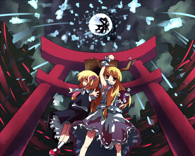murani, ibuki suika, rumia, shoot the bullet, touhou, 2girls, blonde hair, female focus, horns, long hair, multiple girls, outdoors, red eyes, ribbon, short hair, shrine, sky, standing, tamutamu (pixiv), torii