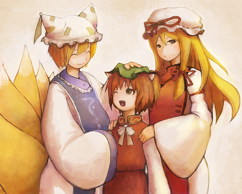 kuro (catcap), chen, kamin, yakumo ran, yakumo yukari, touhou, bad id, bad pixiv id, 3girls, animal ears, animal hat, blonde hair, cat ears, cat girl, cat tail, china dress, chinese clothes, dress, female focus, fox ears, fox tail, hat, headpat, long hair, long sleeves, mob cap, multiple girls, ribbon, short hair, tail, tassel, wide sleeves