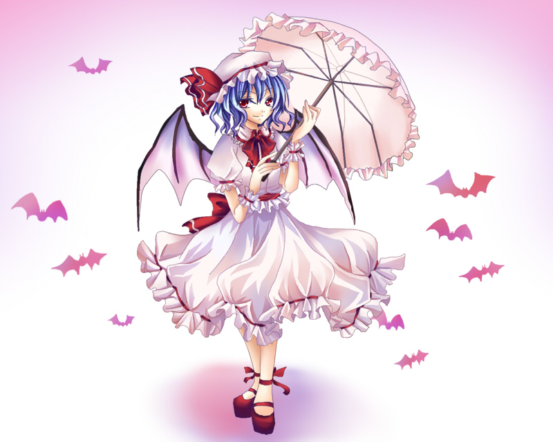 maria (m-twi), maria (pixiv), remilia scarlet, touhou, bad id, bad pixiv id, 1girl, bat (animal), blue hair, female focus, full body, gradient background, hat, ribbon, short hair, skirt, solo, umbrella, white background, wings