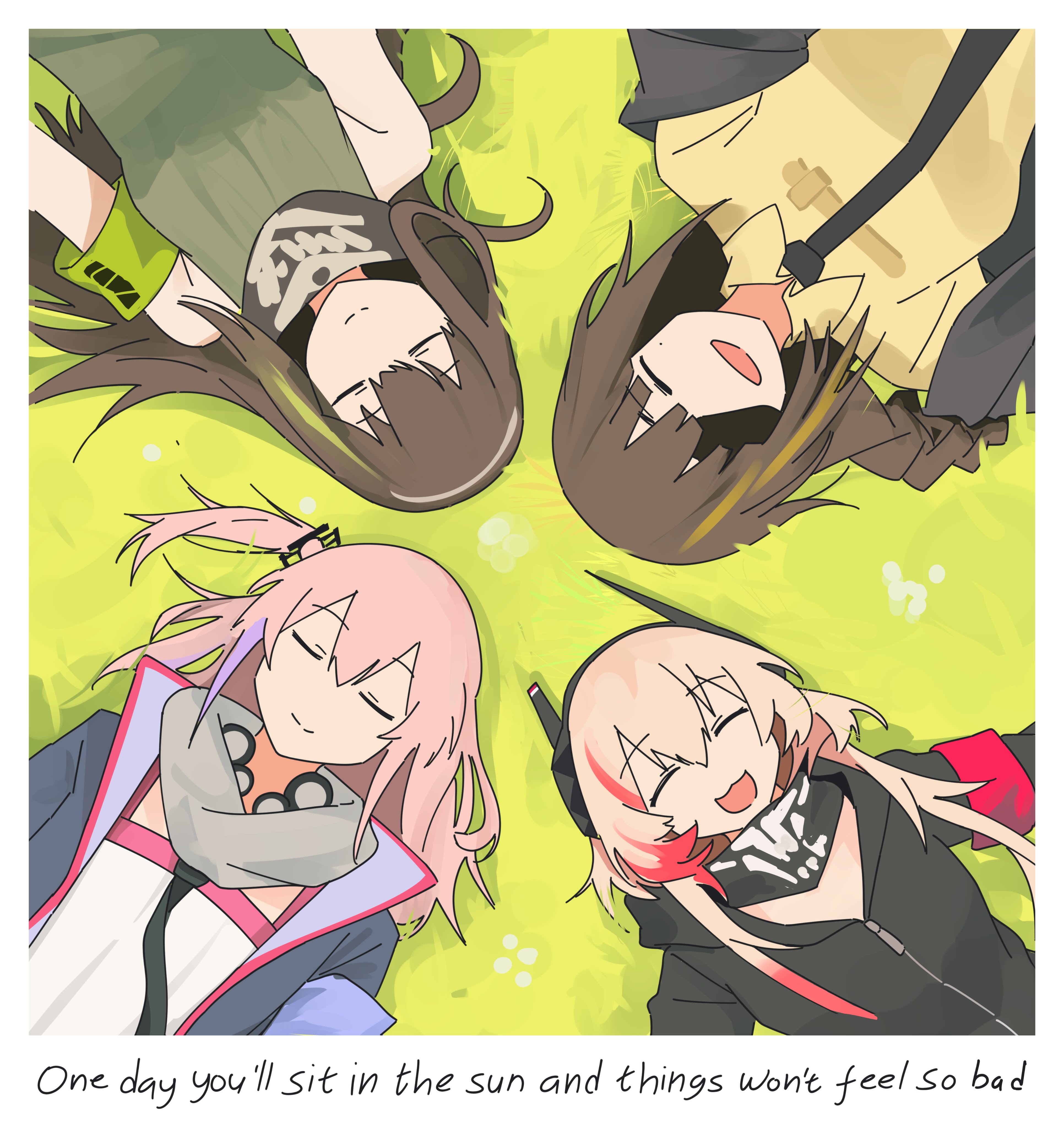 myticalcat, m16a1 (girls' frontline), m4 sopmod ii (girls' frontline), m4a1 (girls' frontline), st ar-15 (girls' frontline), girls' frontline, absurdres, commentary, english commentary, highres, 4girls, anti-rain (girls' frontline), armband, bandana, bandana around neck, black jacket, black necktie, blonde hair, braid, brown hair, closed eyes, closed mouth, english text, eyepatch, facing viewer, grass, green armband, green hair, headgear, hood, hooded jacket, jacket, long hair, lying, multicolored hair, multiple girls, necktie, on back, one side up, open clothes, open jacket, open mouth, pink hair, purple armband, purple hair, red armband, red hair, shirt, smile, streaked hair, two-tone hair, yellow shirt