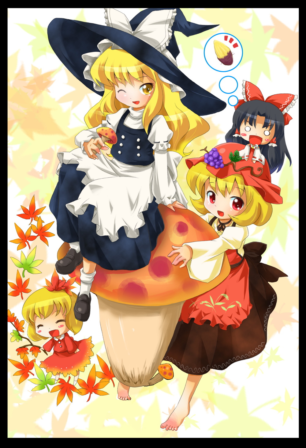 michii yuuki, aki minoriko, aki shizuha, hakurei reimu, kirisame marisa, touhou, bad id, bad pixiv id, highres, 4girls, barefoot, black hair, blonde hair, chibi, feet, female focus, hair ornament, japanese clothes, leaf, leaf hair ornament, long hair, miko, multiple girls, mushroom, one eye closed, red eyes, short hair, wink, yellow eyes