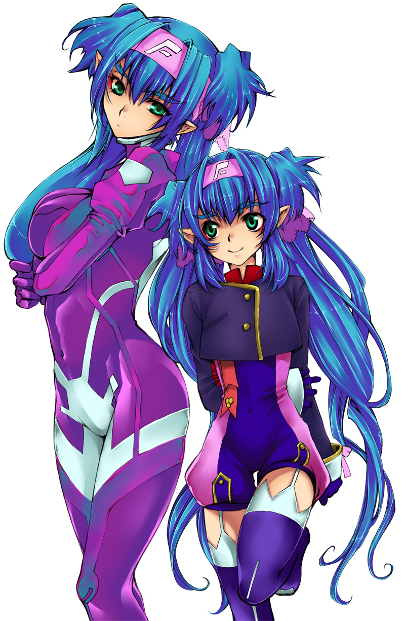 kamitani (laikaloid), klan klein, macross, macross frontier, breast hold, pilot suit, purple footwear, purple legwear, highres, 00s, 2girls, blue hair, bodysuit, boots, bow, breasts, buttons, covered navel, crop top, dual persona, eyeshadow, flat chest, from side, garter straps, giant, giantess, gloves, green eyes, hair intakes, head tilt, headband, holding own arm, lace, large breasts, leg up, light smile, long hair, long sleeves, looking at viewer, looking to the side, makeup, multiple girls, pointy ears, purple bodysuit, quad tails, ribbon, simple background, size difference, sleeve cuffs, sleeves past wrists, smile, standing, thick eyebrows, thigh boots, thighhighs, time paradox, turtleneck, twintails, unitard, very long hair, white background, zettai ryouiki