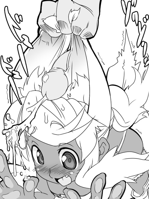 magical sigepon, studio sige, liru, renkin san-kyuu magical pokaan, 1girl, against glass, animal ears, blush, cum, cum on body, dark skin, ear insertion, ear sex, earjob, ejaculation, extra ears, facial, grabbing another's ear, greyscale, hand on another's ear, monochrome, penis, solo focus, tail, text focus, uncensored, wolf ears, wolf tail