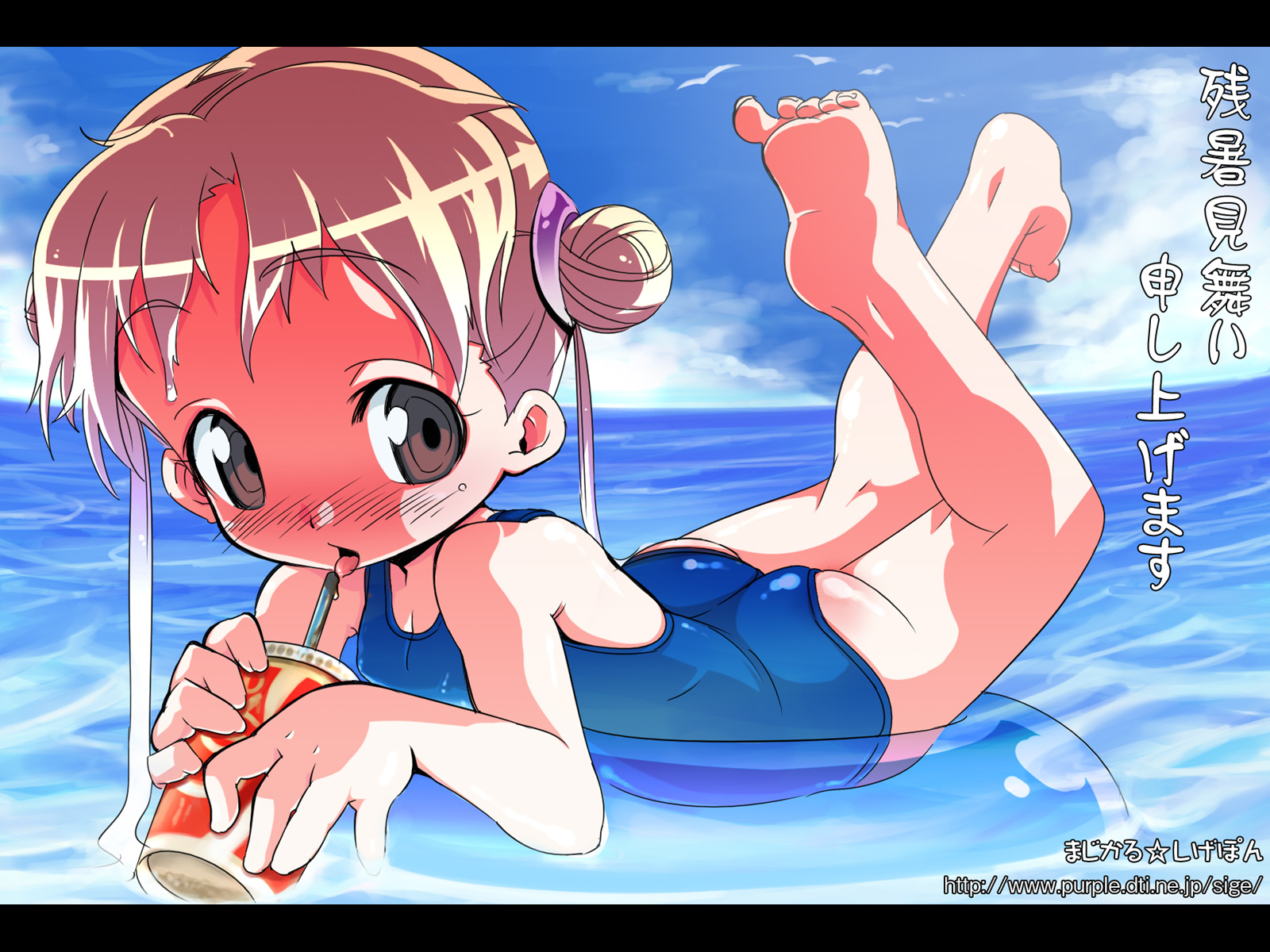 magical sigepon, studio sige, highres, ass, barefoot, beach, blush, brown eyes, brown hair, feet, innertube, loli, lying, ocean, on stomach, one-piece swimsuit, school swimsuit, sexually suggestive, solo, swim ring, swimsuit