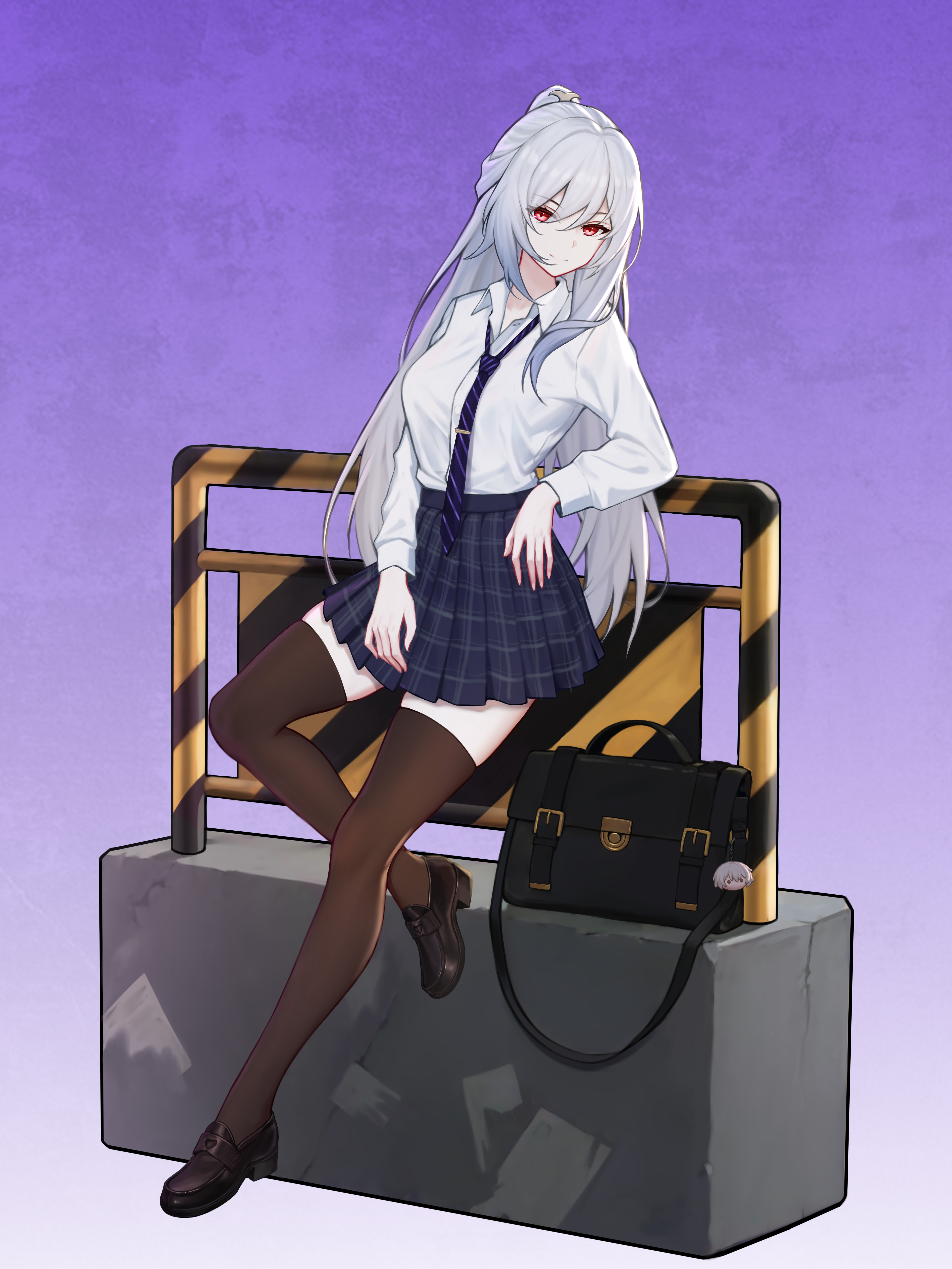 yunkaiming, caelus (honkai: star rail), jingliu (honkai: star rail), trailblazer (honkai: star rail), honkai: star rail, honkai (series), absurdres, chinese commentary, commentary request, highres, large variant set, variant set, 1girl, alternate costume, bag, bag charm, black bag, blue sky, breasts, brown shoes, brown thighhighs, character charm, charm (object), closed mouth, collarbone, collared shirt, full body, gradient background, grey hair, leaning, loafers, long hair, long sleeves, looking at viewer, medium breasts, necktie, plaid clothes, plaid skirt, pleated skirt, ponytail, purple background, purple necktie, red eyes, school bag, school uniform, shirt, shirt tucked in, shoes, skirt, sky, smile, solo, thighhighs, thighs, white shirt