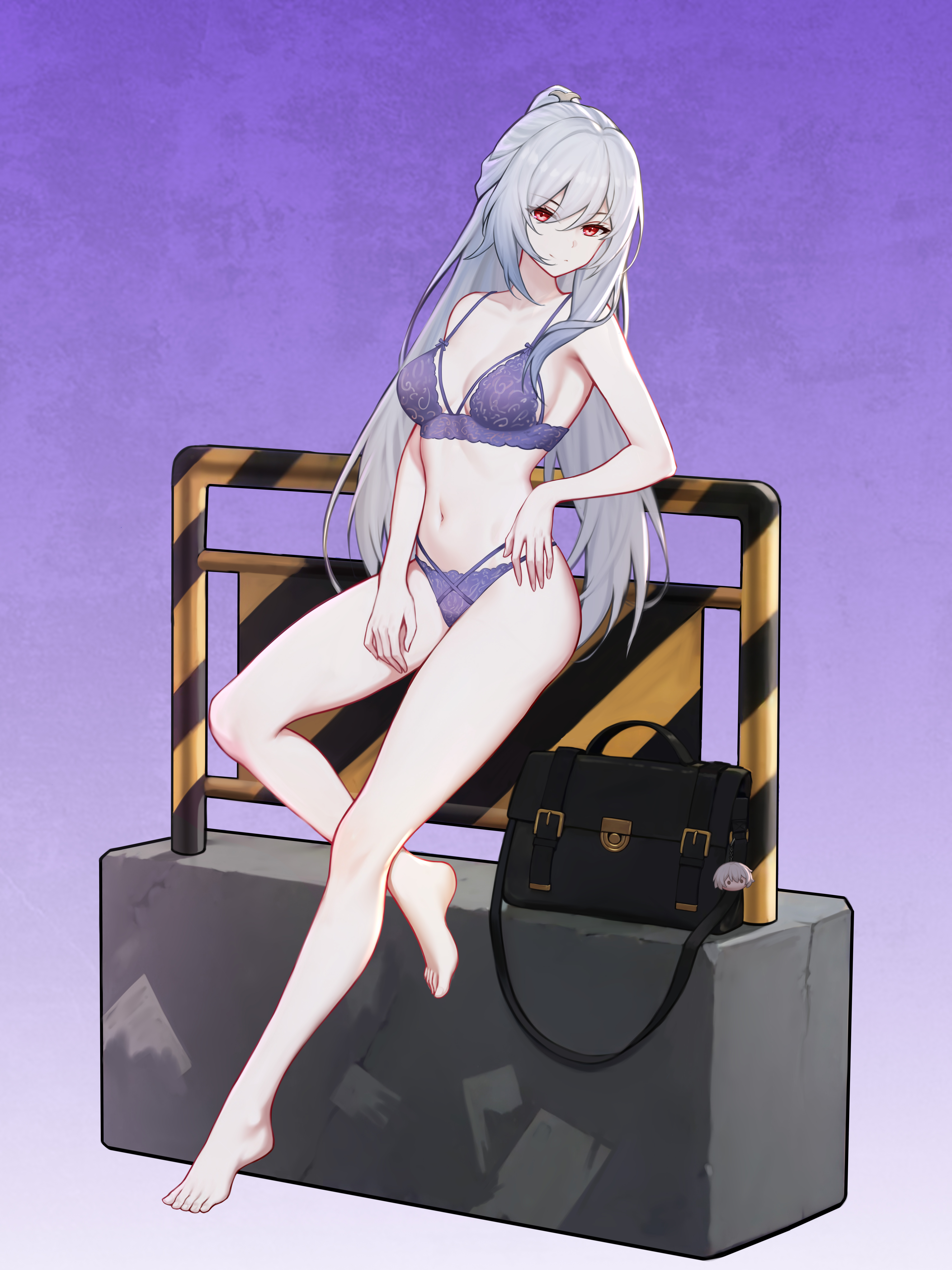 yunkaiming, caelus (honkai: star rail), jingliu (honkai: star rail), trailblazer (honkai: star rail), honkai: star rail, honkai (series), absurdres, chinese commentary, commentary request, highres, large variant set, variant set, 1girl, bag, bag charm, bare shoulders, barefoot, black bag, bra, breasts, character charm, charm (object), closed mouth, collarbone, feet, full body, gradient background, grey hair, leaning, long hair, looking at viewer, medium breasts, navel, panties, ponytail, purple background, purple bra, purple panties, red eyes, school bag, smile, solo, stomach, thighs, toes, underwear, underwear only