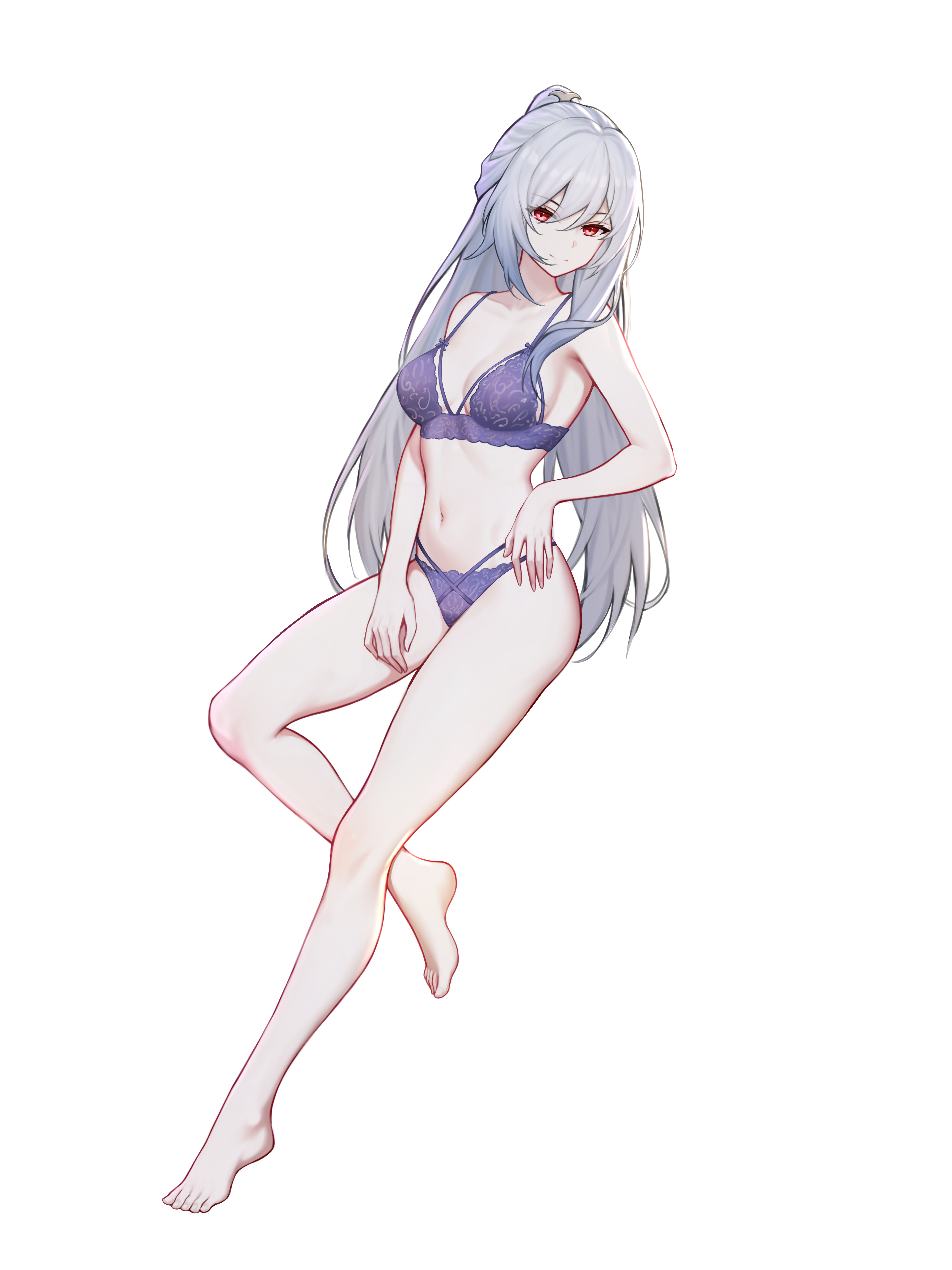 yunkaiming, jingliu (honkai: star rail), honkai: star rail, honkai (series), absurdres, chinese commentary, commentary request, highres, large variant set, variant set, 1girl, bare shoulders, barefoot, bra, breasts, closed mouth, collarbone, feet, full body, grey hair, long hair, looking at viewer, medium breasts, navel, panties, ponytail, purple bra, purple panties, red eyes, simple background, smile, solo, stomach, thighs, toes, underwear, underwear only, white background