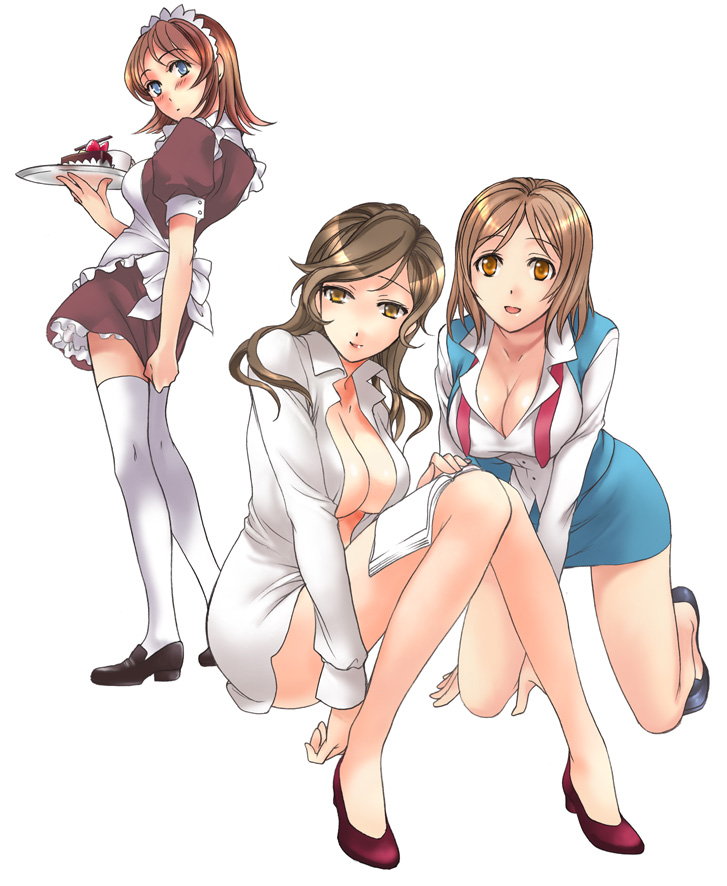 fujisaka kuuki, 3girls, book, breasts, brown hair, cleavage, dress shirt, high heels, kneeling, legs, long hair, maid, multiple girls, office lady, open clothes, open shirt, pencil skirt, shirt, shoes, short hair, skirt, thighhighs