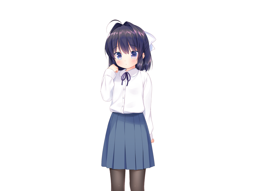 piyodera mucha, kotae (otomari koibito lolita), otomari koibito lolita, game cg, non-web source, 1girl, ahoge, black hair, black pantyhose, blue eyes, blue skirt, blush, buttons, closed mouth, collared shirt, cowboy shot, hair ribbon, hand up, long sleeves, looking at viewer, medium hair, neck ribbon, pantyhose, pleated skirt, purple ribbon, ribbon, shirt, simple background, skirt, solo, tachi-e, transparent background, white ribbon, white shirt