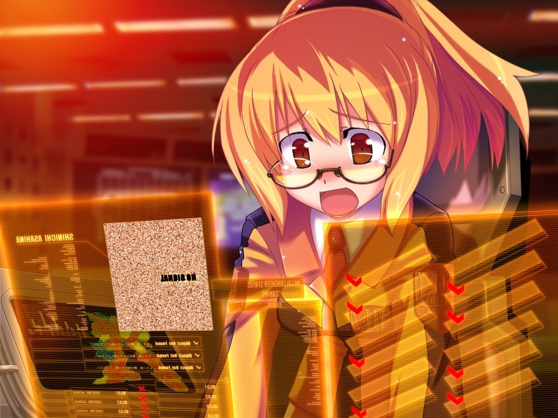 hibiki nanami, zettai chikyuu boueiki mega laughter, uniform, game cg, source request, 1girl, blonde hair, brown eyes, computer, female focus, glasses, holographic interface, necktie, ponytail, solo, static