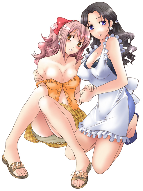 fujisaka kuuki, original, arm grab, 2girls, apron, bare arms, bare legs, bare shoulders, black hair, blue eyes, blush, breasts, brown eyes, cleavage, couple, covered erect nipples, dress, earrings, eyebrows hidden by hair, feet, frilled apron, frills, full body, grin, hair ribbon, high heels, holding hands, hug, jewelry, kneeling, knees together feet apart, large breasts, legs, lips, long hair, looking at viewer, multiple girls, navel, neck, off-shoulder shirt, off shoulder, orange shirt, parted bangs, parted lips, pink hair, plaid clothes, plaid skirt, ponytail, red ribbon, ribbon, sandals, shirt, shoes, simple background, sitting, skirt, smile, white background, yellow skirt, yuri