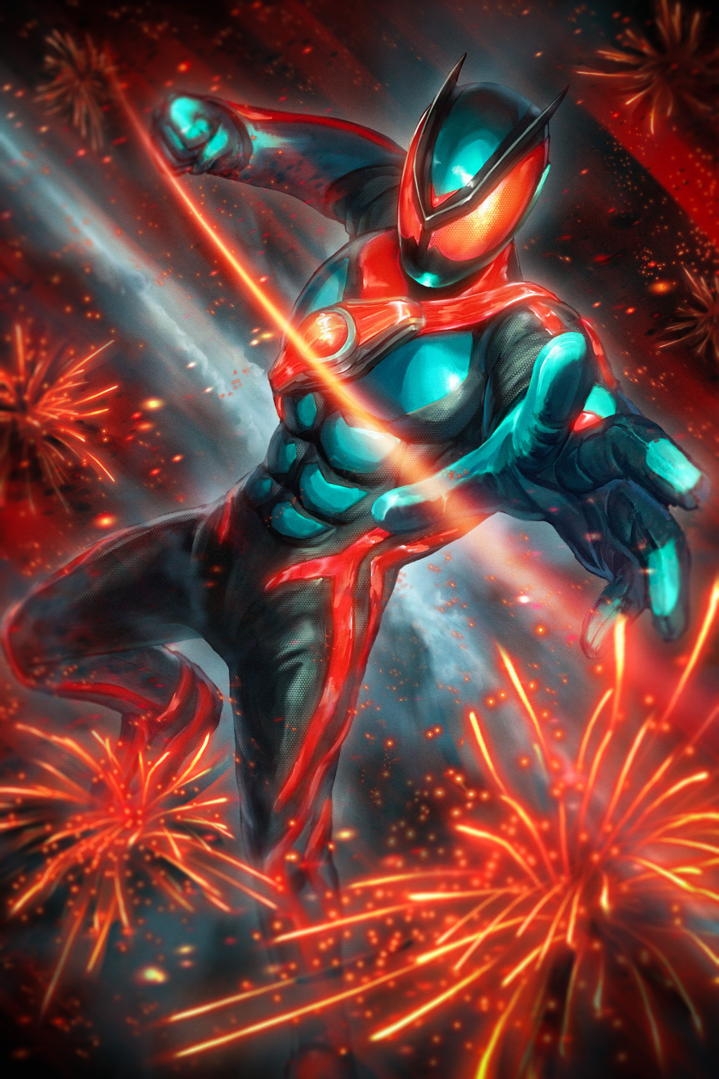 robuja, kamen rider zeztz, kamen rider, kamen rider zeztz (series), absurdres, highres, 1boy, antennae, armor, black bodysuit, bodysuit, bug, compound eyes, fighting stance, fireworks, gloves, glowing, glowing eyes, grasshopper, green armor, green gloves, insect, red eyes, rider belt, tokusatsu, zeztz driver