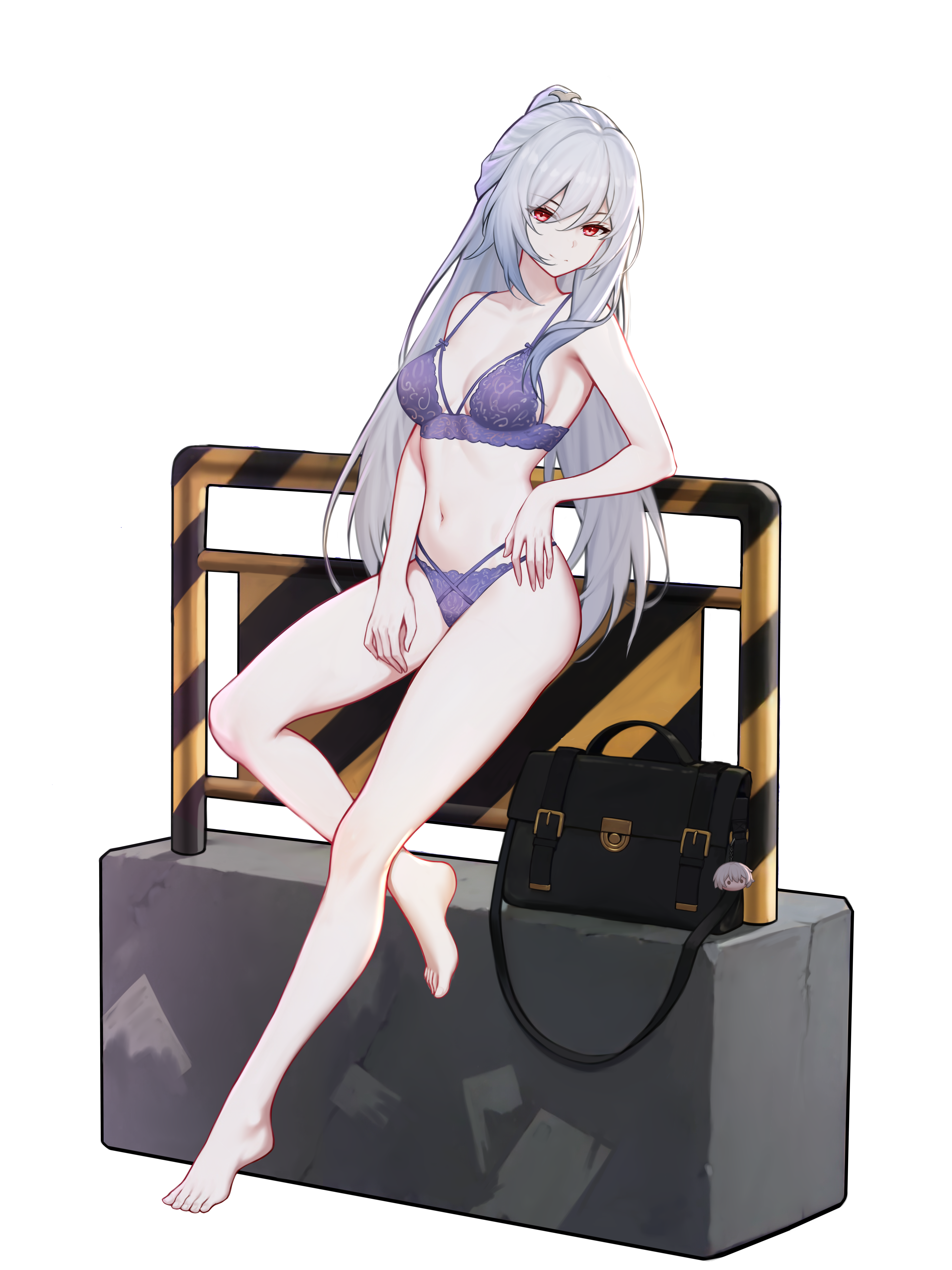 yunkaiming, caelus (honkai: star rail), jingliu (honkai: star rail), trailblazer (honkai: star rail), honkai: star rail, honkai (series), absurdres, chinese commentary, commentary request, highres, large variant set, variant set, 1girl, bag, bag charm, bare shoulders, barefoot, black bag, bra, breasts, character charm, charm (object), closed mouth, collarbone, feet, full body, grey hair, leaning, long hair, looking at viewer, medium breasts, navel, panties, ponytail, purple bra, purple panties, red eyes, school bag, simple background, smile, solo, stomach, thighs, toes, underwear, underwear only, white background