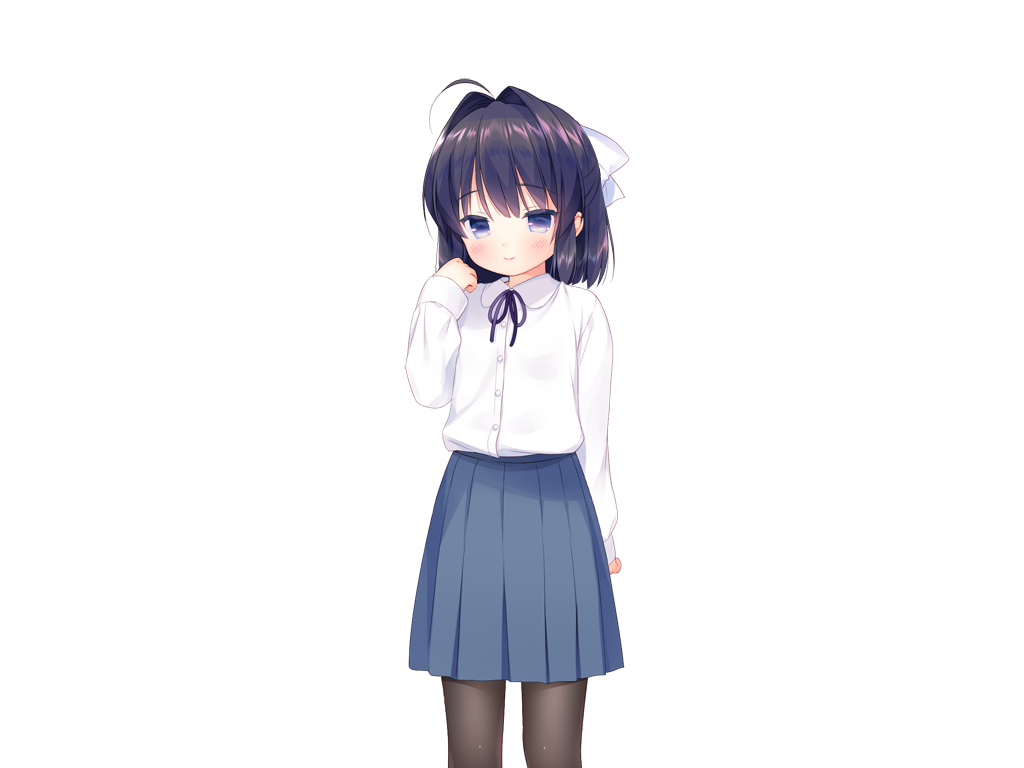 piyodera mucha, kotae (otomari koibito lolita), otomari koibito lolita, game cg, non-web source, 1girl, ahoge, black hair, black pantyhose, blue eyes, blue skirt, blush, buttons, closed mouth, collared shirt, cowboy shot, hair ribbon, hand up, long sleeves, looking at viewer, medium hair, neck ribbon, pantyhose, pleated skirt, purple ribbon, ribbon, shirt, simple background, skirt, smile, solo, tachi-e, transparent background, white ribbon, white shirt