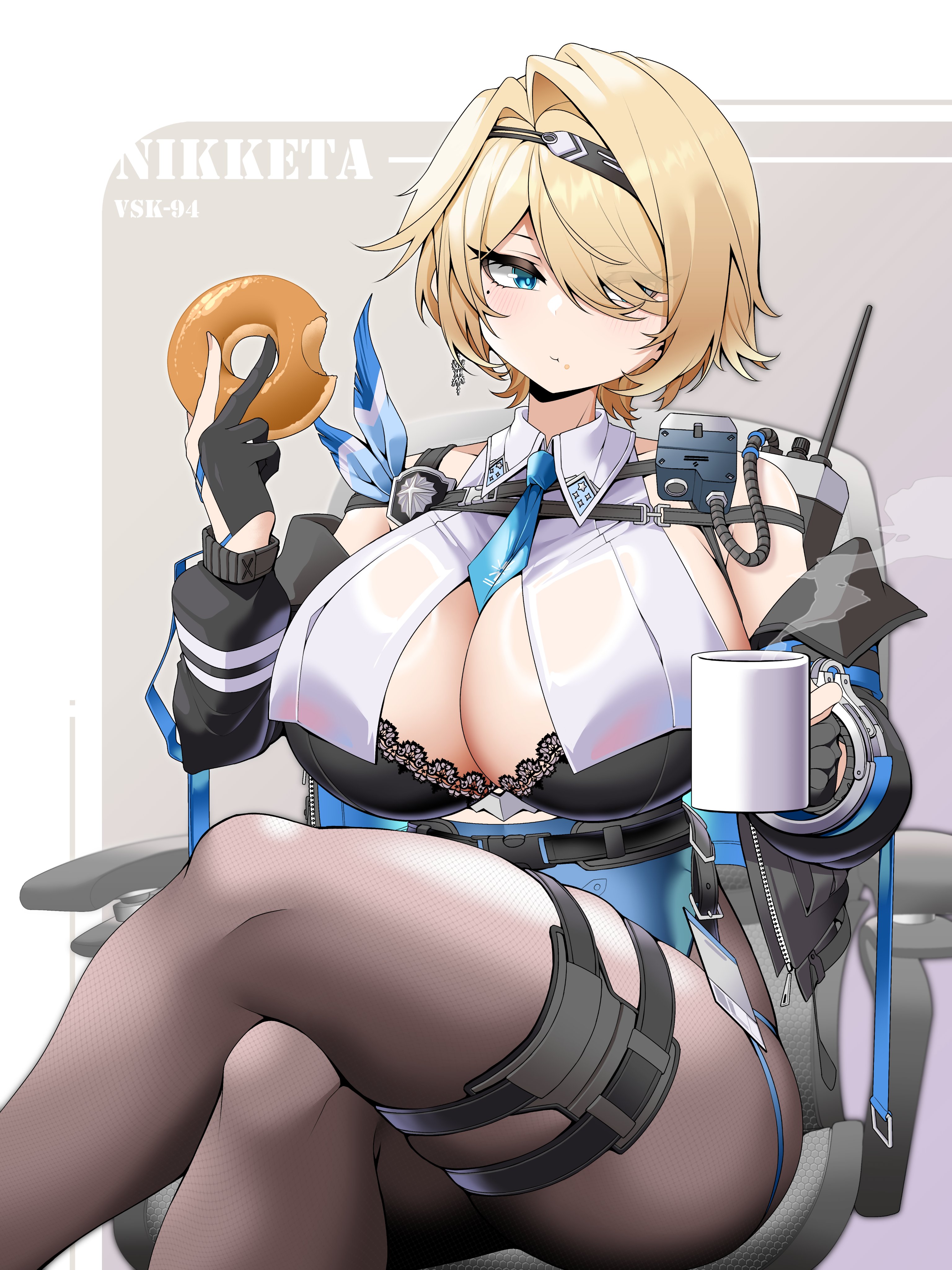 saltnvalk, nikketa (girls' frontline 2), vsk-94 (girls' frontline), girls' frontline, girls' frontline 2: exilium, absurdres, commentary, commission, english commentary, highres, vgen commission, 1girl, black bra, black gloves, black jacket, black pantyhose, blonde hair, blue eyes, blue necktie, bra, breasts, brown background, chair, character name, cleavage, closed mouth, crossed legs, cup, donut, earrings, food, gloves, hair over one eye, holding, holding cup, holding donut, holding food, jacket, jewelry, large breasts, mole, mole under eye, necktie, off shoulder, office chair, on chair, open clothes, open jacket, pantyhose, radio, short hair, short necktie, simple background, sitting, snowflake earrings, solo, swivel chair, two-tone background, underwear, weapon name, white background