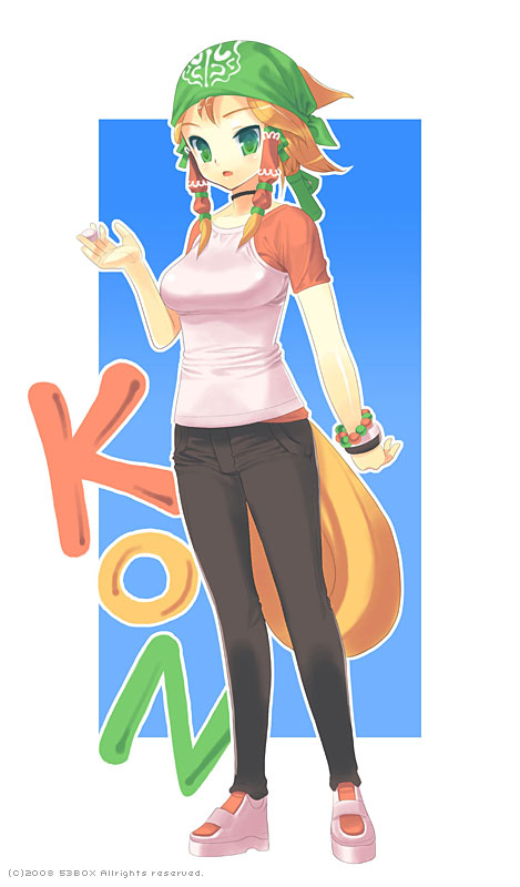 sango (53box), original, 1girl, bandana, blonde hair, blue background, border, bracelet, female focus, full body, green eyes, jewelry, looking at viewer, pants, raglan sleeves, shirt, shoes, short sleeves, sidelocks, simple background, sneakers, solo, standing, t-shirt