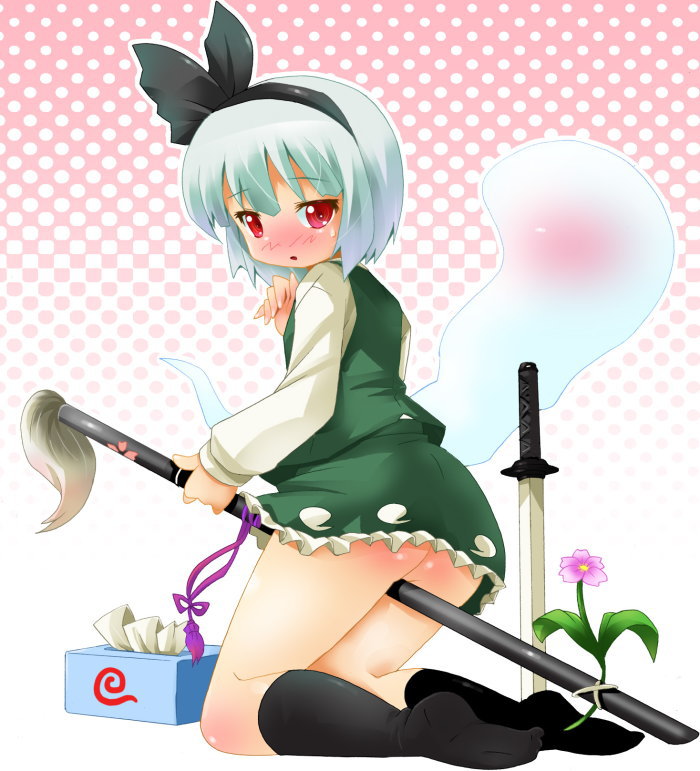 michii yuuki, konpaku youmu, konpaku youmu (ghost), touhou, brush, silver hair, 1girl, ass, blush, bottomless, crotch rub, female focus, female masturbation, flower, hair ribbon, hairband, hitodama, katana, masturbation, no panties, red eyes, ribbon, sheath, sheathed, short hair, socks, solo, sword, tissue box, weapon