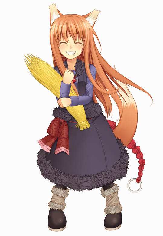 char, holo, spice and wolf, 00s, animal ears, closed eyes, long hair, solo, tail, wheat, wolf ears, wolf tail