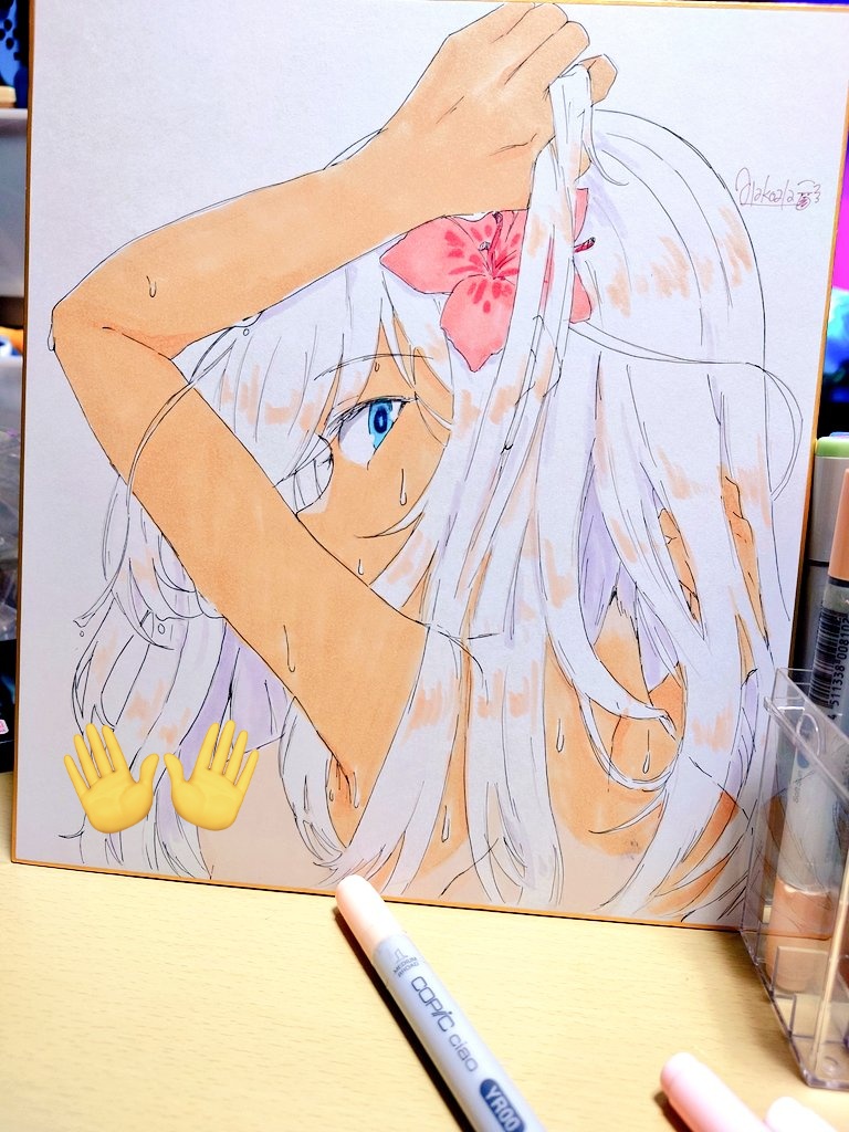 alakoala, ro-500 (kancolle), kantai collection, commentary request, marker (medium), photo (medium), traditional media, 1girl, adjusting hair, blue eyes, breasts, censored, emoji, emoji censor, flower, from behind, hair between eyes, hair flower, hair ornament, hands up, long hair, looking at viewer, nude, pink flower, shikishi, sidelocks, small breasts, solo, tan, tanline, turning head, white hair
