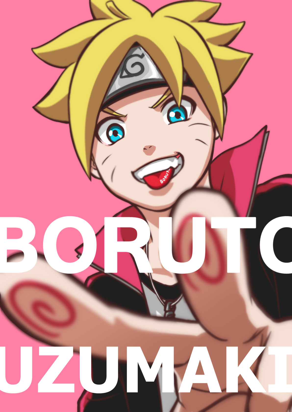 yuu choko, uzumaki boruto, boruto: naruto next generations, naruto (series), highres, 1boy, black jacket, blonde hair, blue eyes, character name, facial mark, forehead protector, jacket, konohagakure symbol, looking at viewer, male focus, open clothes, open jacket, pink background, short hair, solo, teeth, tongue, tongue out, upper body, whisker markings