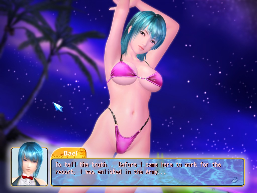 bael altarus, sexy beach, sexy beach 3, screencap, game cg, hard-translated, third-party edit, 1girl, 3d, armpits, arms up, bikini, blue hair, bow, bowtie, breasts, cursor, english text, female focus, highleg, highleg bikini, large breasts, lipstick, makeup, micro bikini, navel, night, night sky, outdoors, palm tree, purple eyes, short hair, sky, smile, solo, standing, swimsuit, thong bikini, tree, underboob