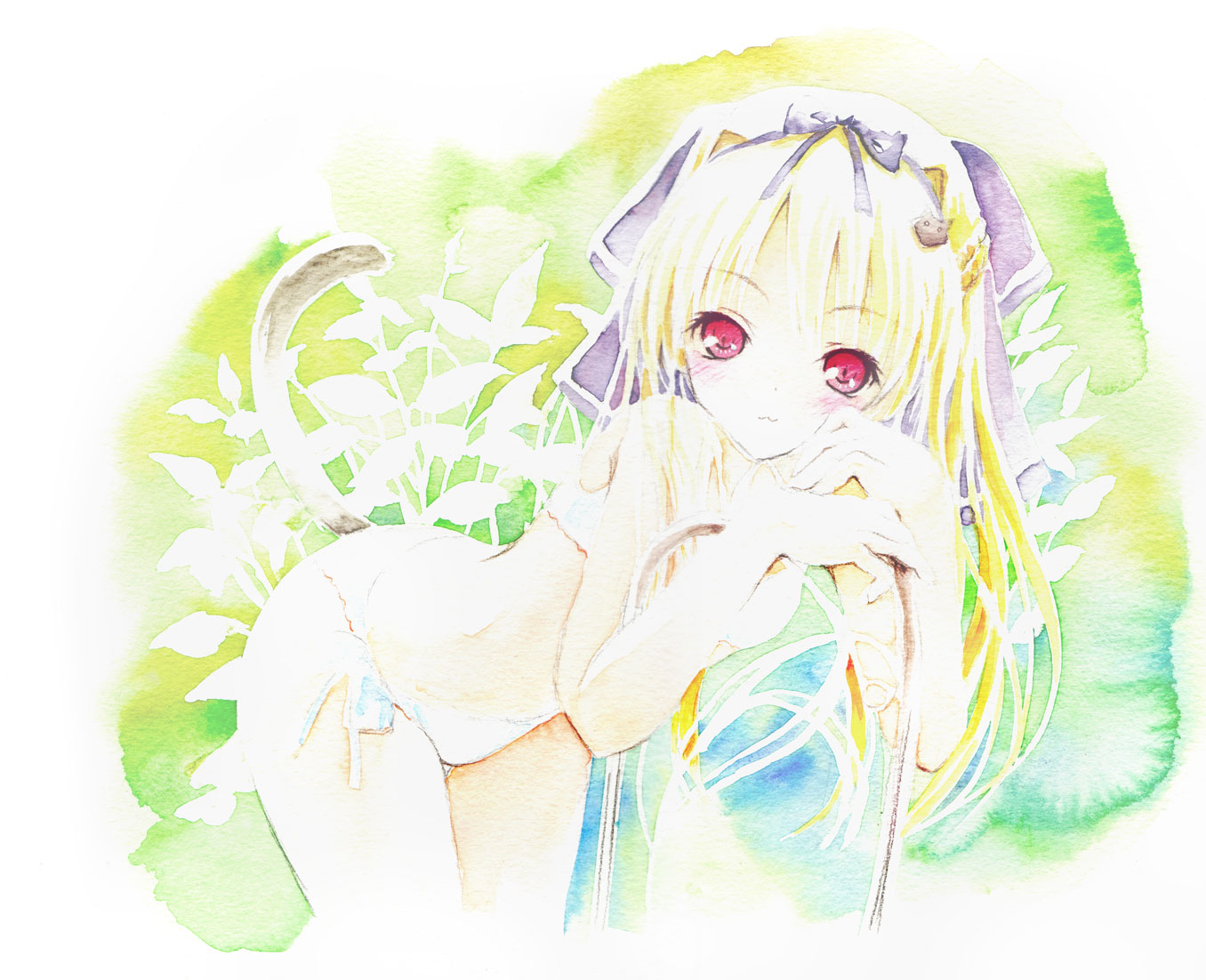 saeki touma, lulli, original, sakura strasse, painting (medium), traditional media, watercolor (medium), 1girl, :3, arched back, bikini, blonde hair, cat tail, female focus, hair ribbon, hat, leaning forward, looking at viewer, red eyes, ribbon, side-tie bikini bottom, solo, swimsuit, tail