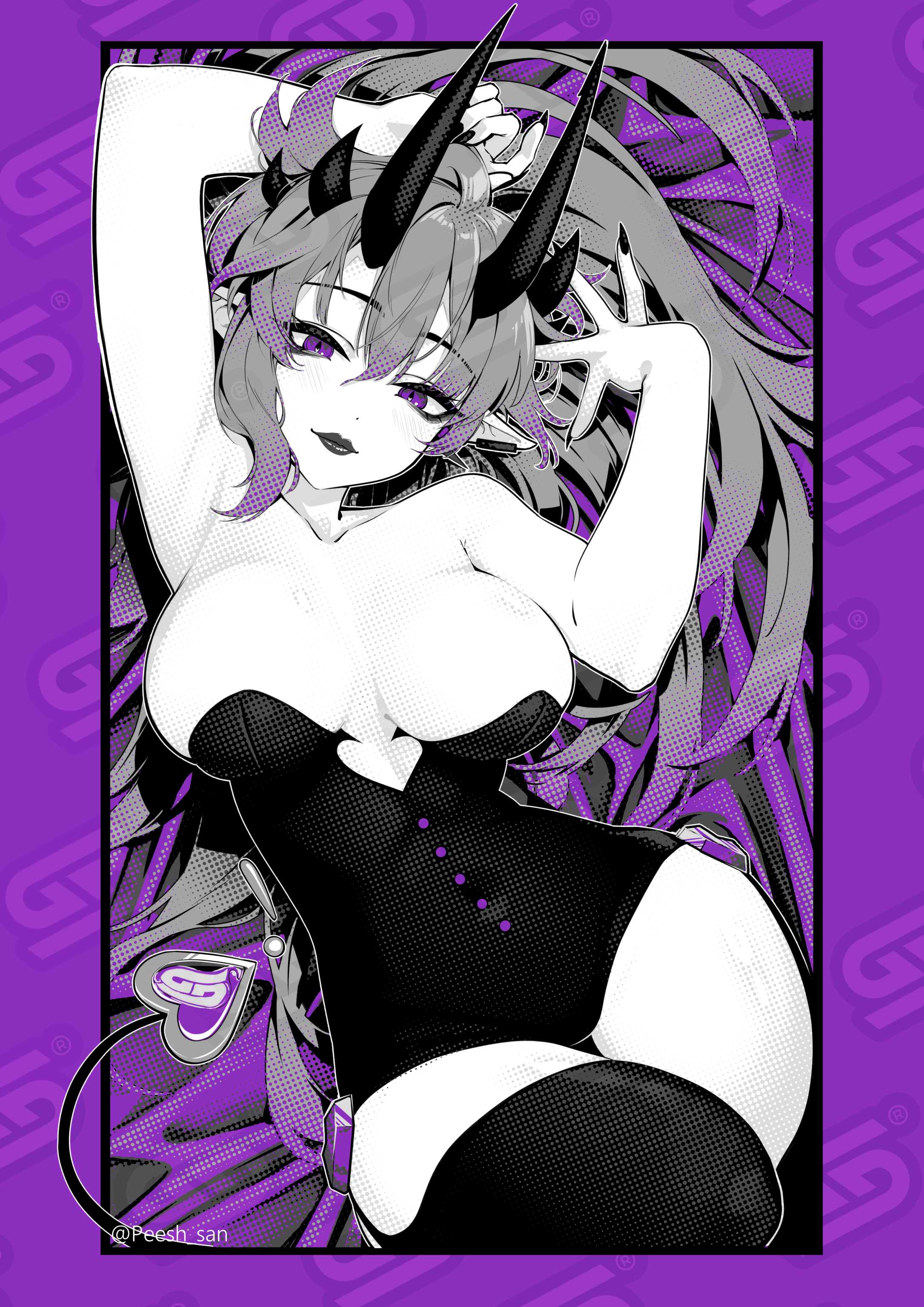 peesh san, cottontail (vtuber), gamer supps, indie virtual youtuber, absurdres, highres, 1girl, armpits, breasts, demon girl, demon horns, demon tail, greyscale with colored background, horns, leotard, lips, logo, long hair, pointy ears, purple eyes, solo, spot color, strapless, strapless leotard, tail, thighhighs, twitter username, virtual youtuber