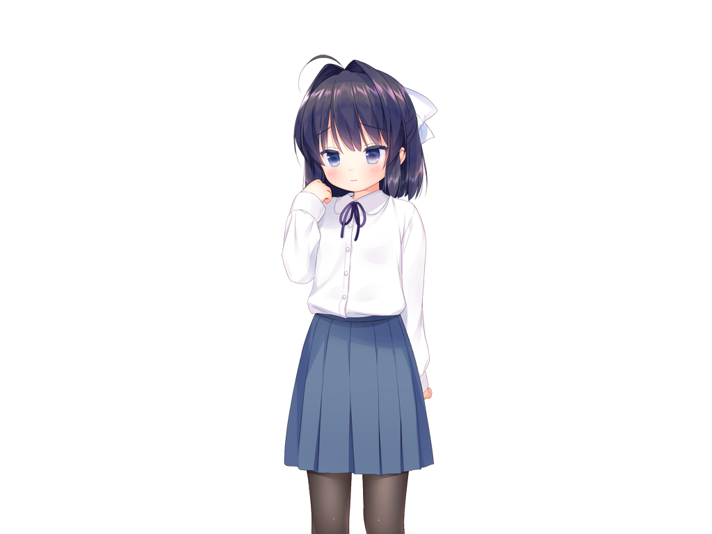 piyodera mucha, kotae (otomari koibito lolita), otomari koibito lolita, game cg, non-web source, 1girl, ahoge, black hair, black pantyhose, blue eyes, blue skirt, blush, buttons, closed mouth, collared shirt, cowboy shot, furrowed brow, hair ribbon, hand up, long sleeves, looking at viewer, medium hair, neck ribbon, pantyhose, pleated skirt, purple ribbon, ribbon, shirt, simple background, skirt, solo, tachi-e, transparent background, white ribbon, white shirt