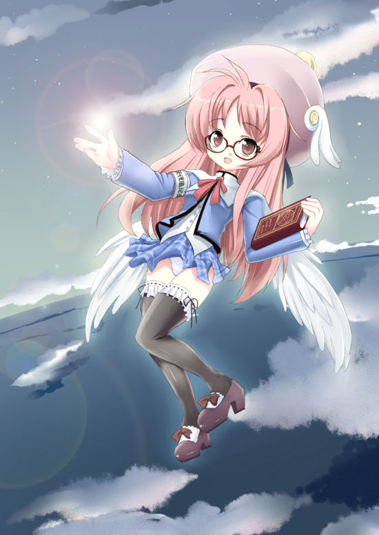 pikazo, original, 1girl, angel wings, female focus, flying, glasses, hat, lens flare, panties, solo, thighhighs, underwear, wings