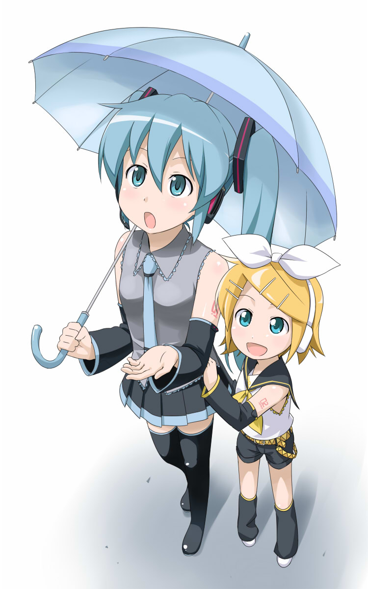 youkan, hatsune miku, kagamine rin, vocaloid, bad id, bad pixiv id, highres, 2girls, blonde hair, blue eyes, blue hair, detached sleeves, female focus, gradient background, hair ornament, hairclip, holding, holding umbrella, multiple girls, necktie, short hair, simple background, thighhighs, twintails, umbrella, white background