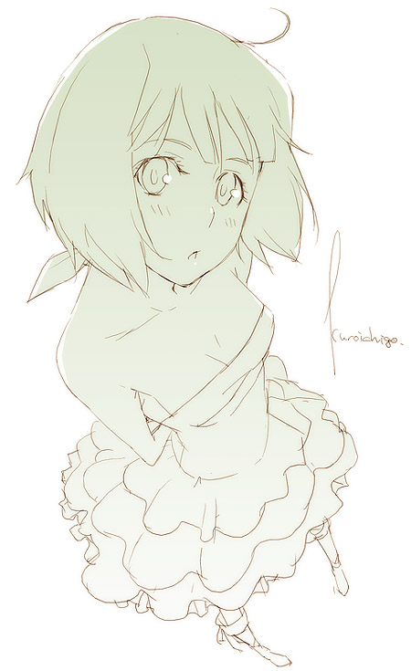 kyo (kuroichigo), ranka lee, macross, macross frontier, 00s, 1girl, ahoge, artist name, bare shoulders, breasts, cleavage, dress, female focus, green theme, monochrome, short hair, solo