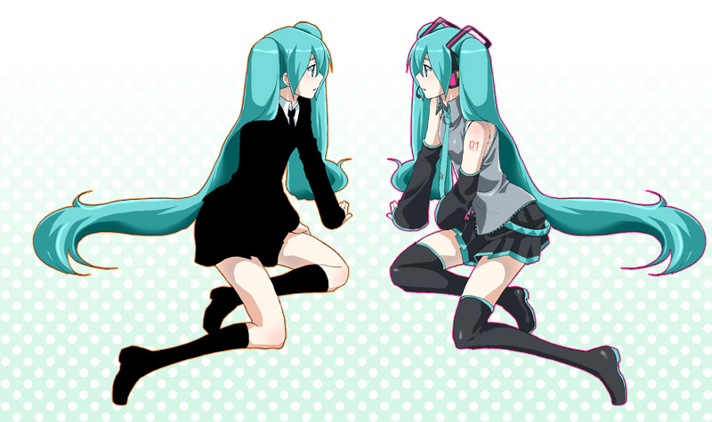 kikuchi mataha, hatsune miku, hatsune miku (saihate), saihate (vocaloid), vocaloid, 2girls, blue hair, blush, detached sleeves, dual persona, formal clothes, green eyes, green hair, long hair, microphone, multiple girls, necktie, pale skin, polka dot, sitting, skirt, skirt suit, socks, suit, thighhighs, twintails