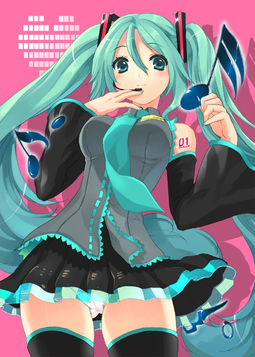 cuteg, hatsune miku, vocaloid, bad id, bad pixiv id, 1girl, blue eyes, blue hair, blue nails, detached sleeves, female focus, holding, long hair, matching hair/eyes, musical note, nail polish, necktie, panties, pantyshot, quaver, skirt, solo, thighhighs, twintails, underwear, upskirt, zettai ryouiki