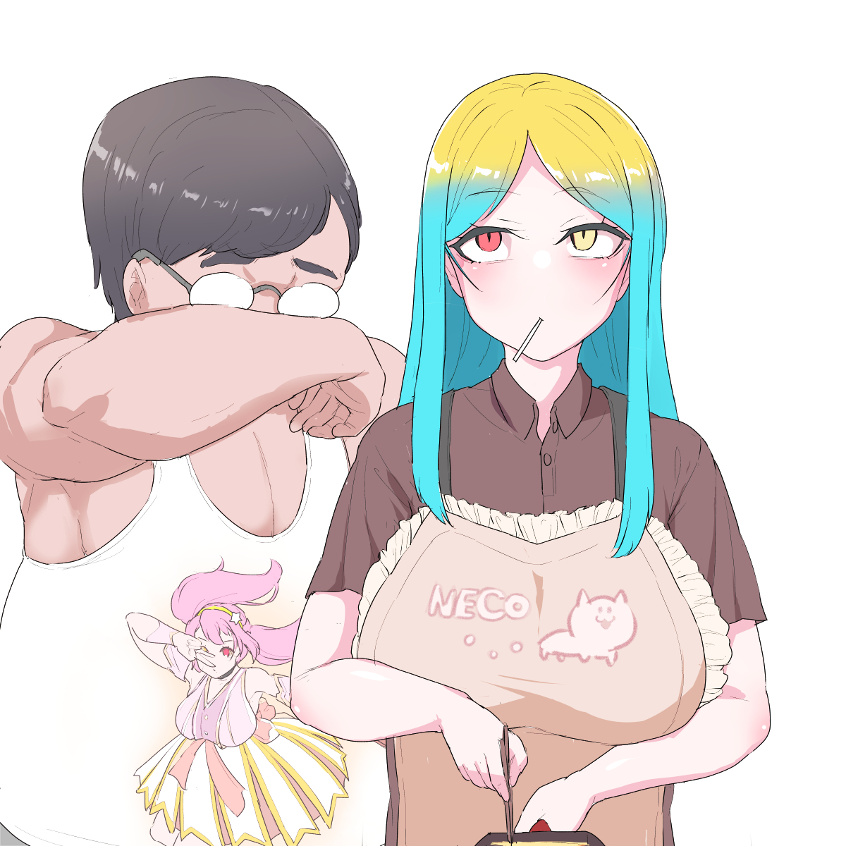 pt, original, highres, 1boy, 2girls, black hair, breasts, glasses, gradient hair, huge breasts, long hair, multicolored eyes, multicolored hair, multiple girls, pink hair, simple background, twintails, white background