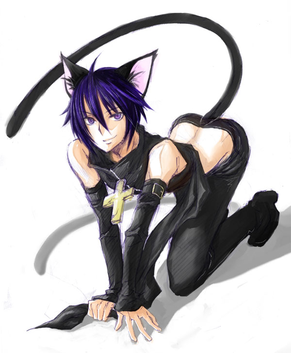 black lynx, tsukiyomi ikuto, shugo chara!, 1boy, all fours, animal ears, bare shoulders, blue hair, cat boy, cat ears, cat tail, cross, detached sleeves, latin cross, magical boy, male focus, purple eyes, solo, tail
