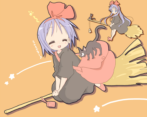 core (mayomayo), hiiragi kagami, hiiragi tsukasa, jiji (majo no takkyuubin), kiki (majo no takkyuubin), lucky star, majo no takkyuubin, studio ghibli, bad id, bad pixiv id, 2girls, = =, black cat, broom, broom riding, cat, closed eyes, cosplay, kiki (majo no takkyuubin) (cosplay), multiple girls, siblings, sisters, twins