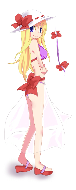 ichigon, ichigon (chigoso), maribel hearn, ghostly field club, touhou, bad id, bad pixiv id, 1girl, bikini, blonde hair, female focus, gap (touhou), hat, long hair, ribbon, solo, swimsuit