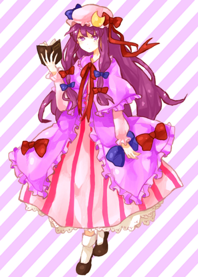 dada, dada (dolce), patchouli knowledge, touhou, bad id, bad pixiv id, 1girl, book, female focus, hat, long hair, purple hair, ribbon, solo