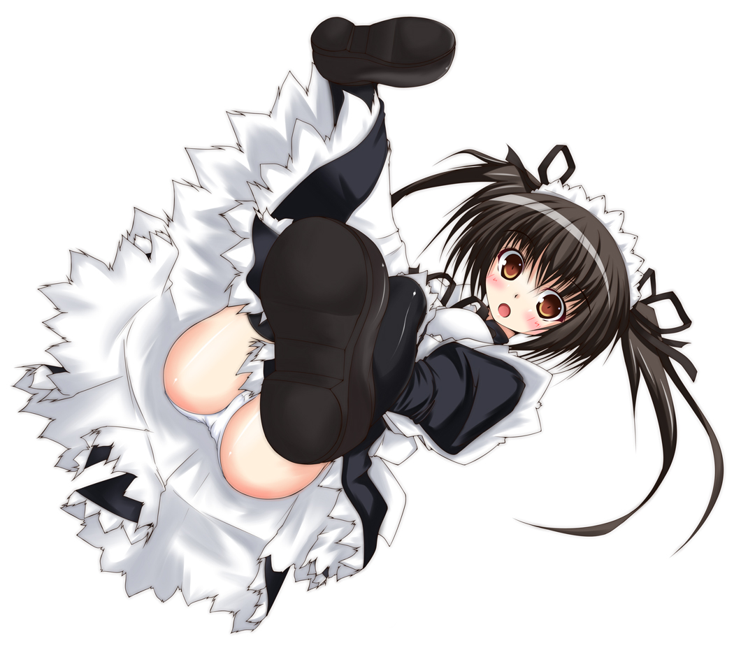 chu (chu inthis), kore ga watashi no goshujin-sama, tagme, 00s, 1girl, bare shoulders, black hair, black thighhighs, blush, dress, elbow gloves, female focus, full body, gloves, looking at viewer, maid, maid headdress, nakabayashi yoshitaka's maid uniform, panties, pantyshot, short twintails, simple background, solo, thighhighs, twintails, underwear, white background, white gloves, yellow eyes