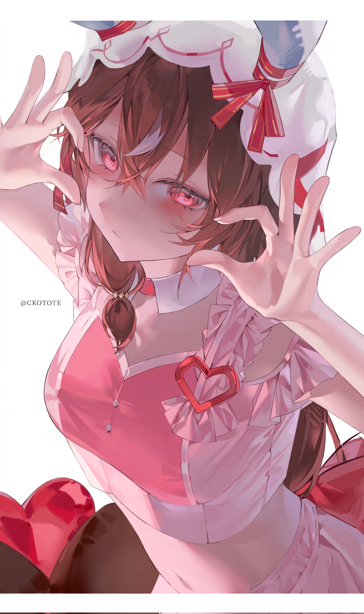 shinkuuuuu, still in love (umamusume), umamusume, commentary, highres, symbol-only commentary, 1girl, artist name, blush, breasts, brown hair, closed mouth, crop top, heart, horse girl, looking at viewer, multicolored hair, navel, red eyes, simple background, solo, streaked hair, two-tone hair, white background, white hair