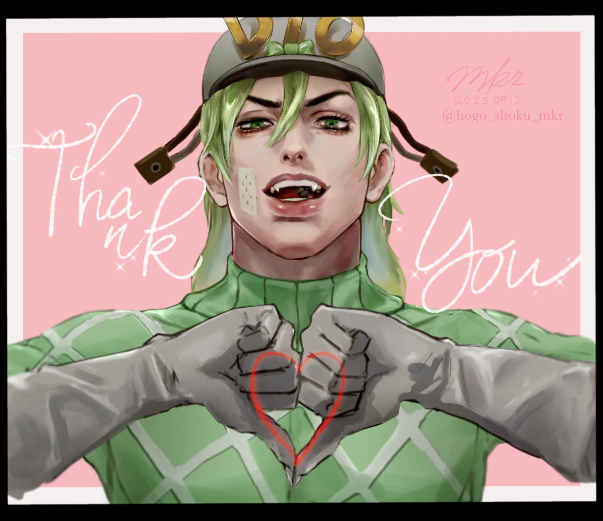 diego brando, jojo no kimyou na bouken, steel ball run, commentary request, highres, 1boy, argyle clothes, argyle sweater, bandages, bandaid, bandaid on face, bishounen, border, bow, dated, fangs, gloves, green bow, green eyes, green hair, green sweater, grey gloves, grey helmet, heart, heart hands, helmet, hogo shoku mkr, long hair, looking at viewer, male focus, medium hair, open mouth, own hands together, pink background, signature, solo, sweater, teeth, turtleneck, turtleneck sweater, upper body